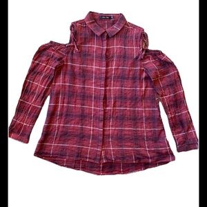 Women’s Doe & Rae Cotton Top Plaid Cold Shoulder Long Sleeve Collared Large New